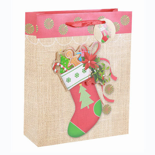 High Quality Best Sale Xmas Festival Gift Bag Merry Christmas Paper Bag With 3D And Glitter  In Tongle Packing