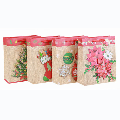 High Quality Best Sale Xmas Festival Gift Bag Merry Christmas Paper Bag With 3D And Glitter  In Tongle Packing