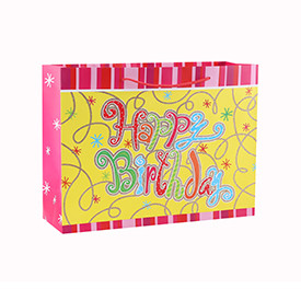 Custom Design Logo Fancy Style Birthday Paper Gift Bag with 4 Designs Assorted in Tongle Packing