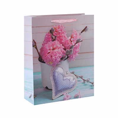 Custom flowery pattern matte ribbon handle paper gift packing bag with 4 designs assorted