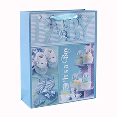 Custom Pink and Blue Luxury Glitter Baby Paper Gift Bags with 4 Designs Assorted