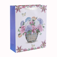White Cardboard Flower Design Ribbon Handle Paper Gift Bag with 4 Designs Assorted