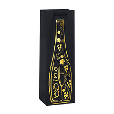 Custom Logo Printed Black Cardboard Wine Packaging Paper Bags with Hot Stamping