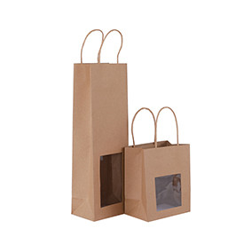 Wine Bottle Gift Bag Nature Color Kraft Paper Bag with PVC window and twisted paper handles