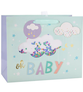 Baby Everyday White Card Paper Bag With Shaker Window, 3D, Hot Foil Stamping and Confetti