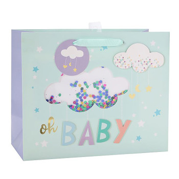 Baby Everyday White Card Paper Bag With Shaker Window, 3D, Hot Foil Stamping and Confetti