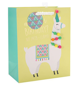 Alpaca Birthday gift Bag with hot foil stamping and 9 pom balls on front side