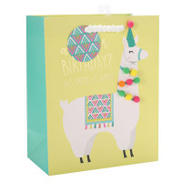 Alpaca Birthday gift Bag with hot foil stamping and 9 pom balls on front side