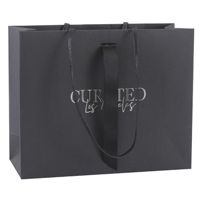 Black Card Paper Shopping Bags Hot Foil Stamped Customized Logo On Both Sides With Unqiue Ropes Inserts
