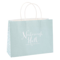 Recycled White Kraft Paper Carrrier Bags With light blue Pantome Color Logo With Twisted Paper Handles