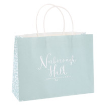 Recycled White Kraft Paper Carrrier Bags With light blue Pantome Color Logo With Twisted Paper Handles