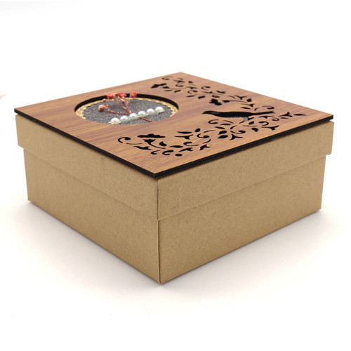Wholesale Nested Square Gift Boxes Recycled Kraft Paper Boxes With Wooden Carved Lid