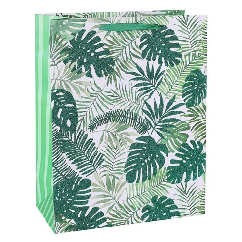 Tropical Leaves and Cactus Paper Gift Bags With Green Glitter On Front Side