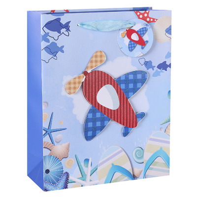 Stock Marine Style Blue Color White Card Paper Bags With Tip-ons On Front Side