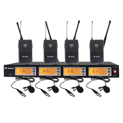 Microfono wireless con clip per colletto bodypack a 4 canali