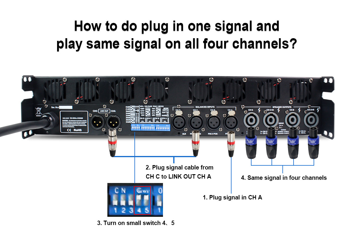 Professional stage amplifier setup with one input and four outputs