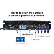 Professional stage amplifier setup with one input and four outputs