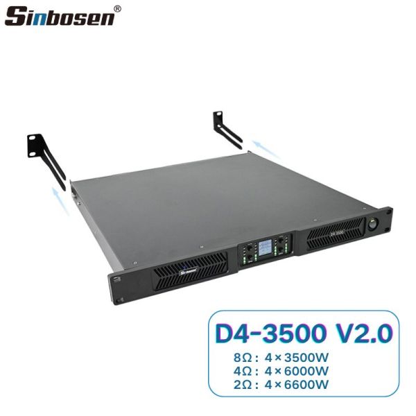 D4-3500 V2.0 Amplificatore di potenza PA in classe D a 4 canali da 3500 W, formato 1U, con staffe e monitoraggio della temperatura.