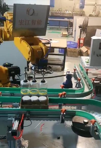 Bottle and carton transmission conveyor automation line with robot