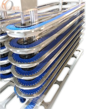 Flexible link chain accumulation buffer spiral conveyor for trumpet conveyor line
