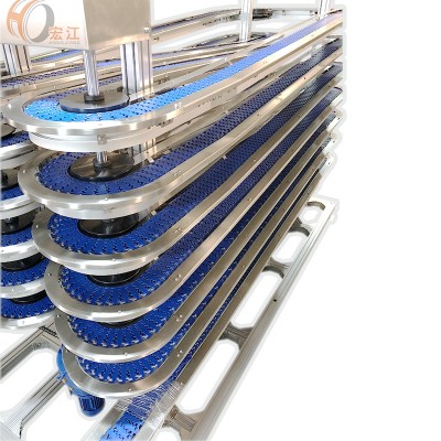 Flexible link chain accumulation buffer spiral conveyor for trumpet conveyor line