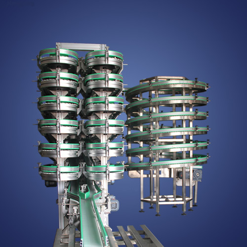 Flexible link chain accumulation buffer spiral conveyor for trumpet conveyor line