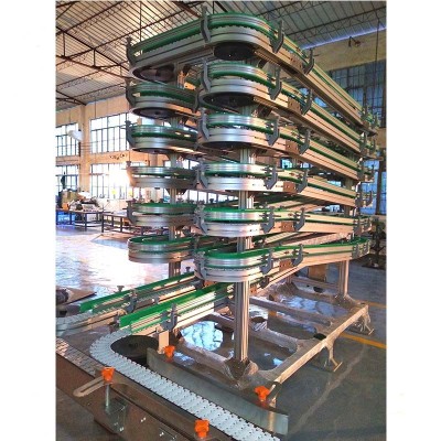 Flexible link chain accumulation buffer spiral conveyor for trumpet conveyor line