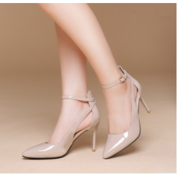 Pointed Toe Shallow Mouth Ankle Strap nude Patent Leather Women Shoes