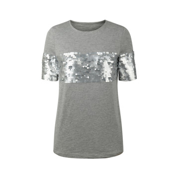 zhAjh Womens 60% Cotton 40% Modal Heather Gray Sequins Embroidered Scoopneck Short Sleeve Fashion Tee