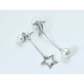 zhAjh Womens  Silver Star Pearl and Pearl Moon Earring Eardrop Jewelry