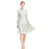 zhAjh Women High Quality Satin Drill  Printed Long Sleeve Box Pleated Knee Length Midi Shirt Dress