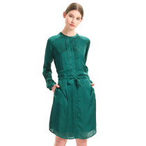 zhAjh Women High Quality Satin Drill  Henley Long Sleeve Pleated Tie Waist Knee Length Midi Shirt Dress with Pockets