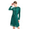 zhAjh Women High Quality Satin Drill  Henley Long Sleeve Pleated Tie Waist Knee Length Midi Shirt Dress with Pockets