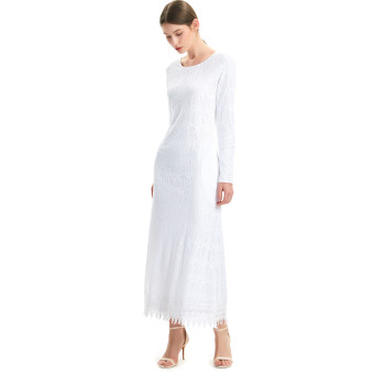 zhAjh Women Cotton Lace A Line Body Long Sleeve Bottom Hem Wide Lace Trim Maxi Dress with Pockets
