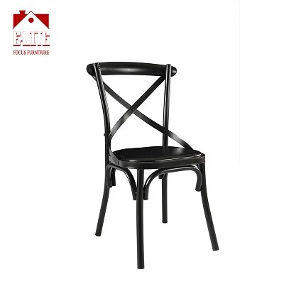 Cross Back Dining Chairs Antique Style Metal Frame Side Chairs With PVC Seat (Black)