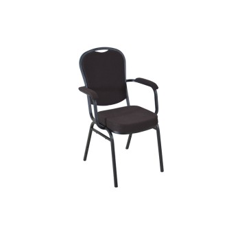 BROWN PATTERNED FABRIC BLACK FRAME STEEL STACKING BANQUET ARM CHAIR-PLAIN FRAME