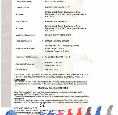 CE Certificate for Single Shaft Shredder