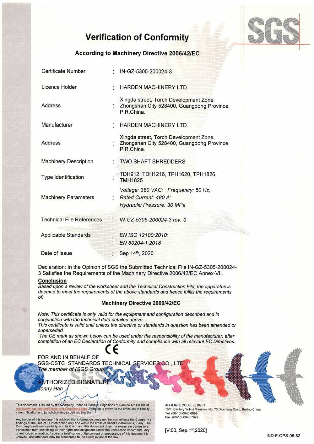 CE Certificate for Two Shaft Shredder (Hydraulic)