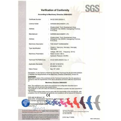 CE Certificate for Two Shaft Shredder (Hydraulic)