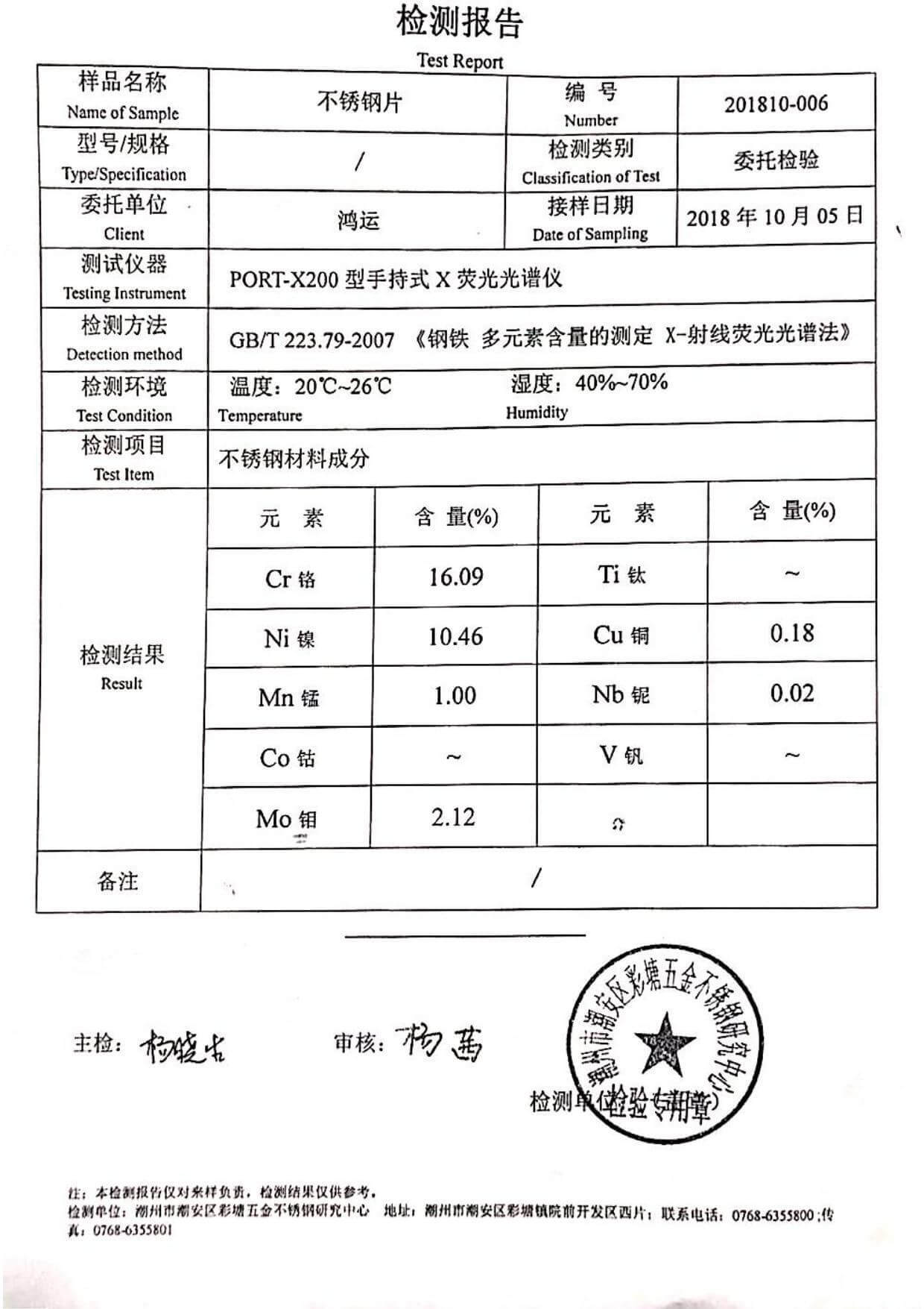 Informe de prueba de acero inoxidable 316