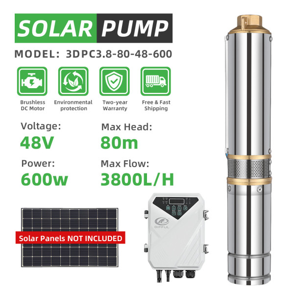 DIFFUL WBS 3” DC Deep Well Solar Water Pump 48V 600W Bore Hole Submersible MPPT Controller