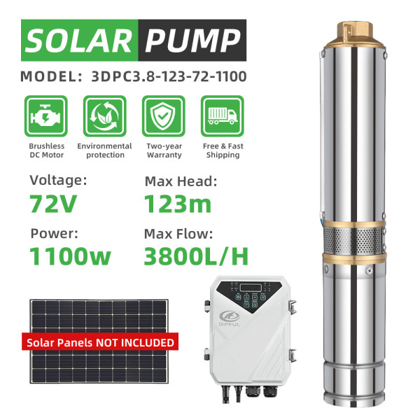 DIFFUL WBS 3” DC Well Solar Water Pump Submersible Bore 72V 1100W 123m 3800L/H Irrigation