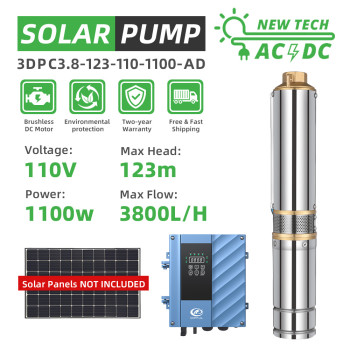 DIFFUL WBS  3" AD/DC Well Solar Water Pump Submersible Bore 110V 1100W 123m 3800L/H Irrigation