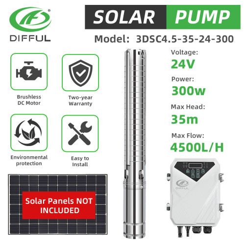 DIFFUL WBS 3" DC Solar Water Pump Deep Bore Well Submersible 400W 50m Stainless Steel
