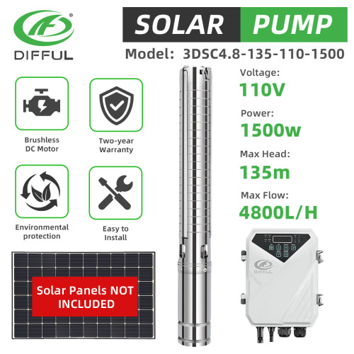 DIFFUL WBS  3" 1500W 2HP Solar Bore Pump 4.8m3/H 135m Brushless DC Motor Submersible New