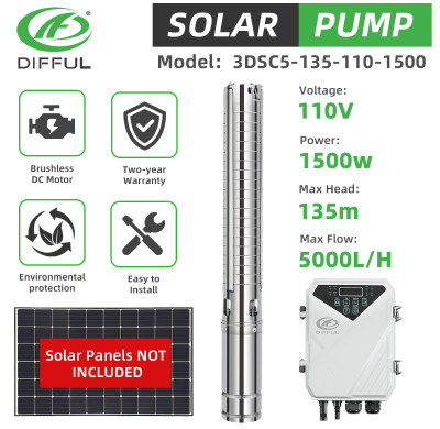DIFFUL WBS 3" Solar Deep Well Pump 2HP 110V Submersible Bore Water Pump MPPT Kit