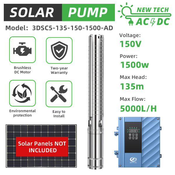 DIFFUL WBS 3" AC/DC 2HP Solar Water Bore Pump S/S Impeller Submersible 1500W Deep Well 135m