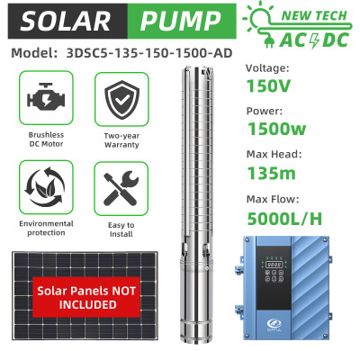 DIFFUL WBS 3" AC/DC 2HP Solar Water Bore Pump S/S Impeller Submersible 1500W Deep Well 135m