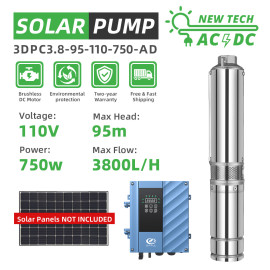 DIFFUL WBS 3" AC/DC Solar Powered Bore Well Water Pump 1HP Submersible Hybrid Deep 110/220V