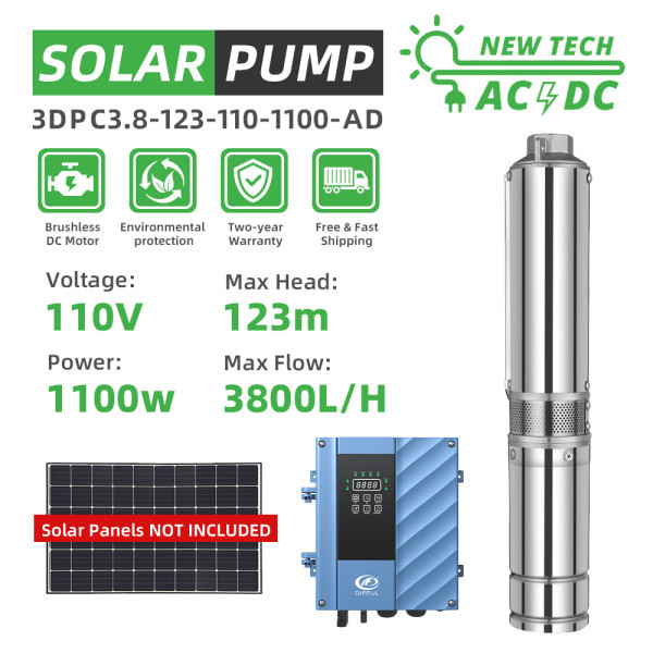 DIFFUL WBS  3" AD/DC Well Solar Water Pump Submersible Bore 110V 1100W 123m 3800L/H Irrigation